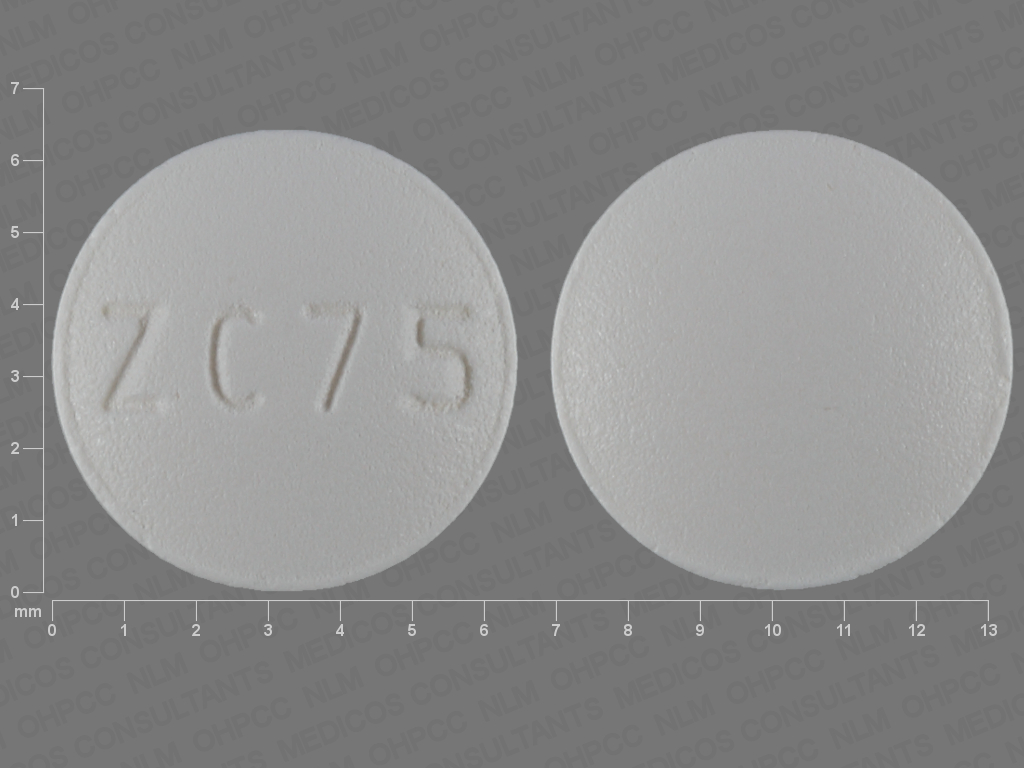 White Round pill with imprint ZC;75 — Risperidone Risperidone 1 mg; (view 2)