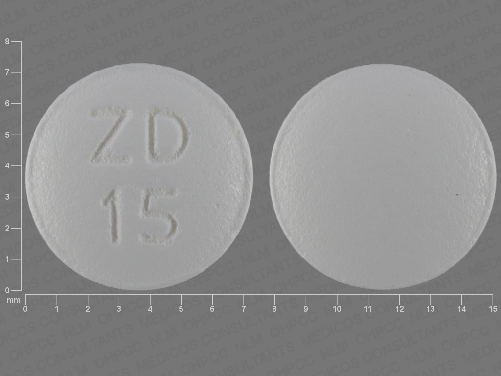 White Round pill with imprint ZD;15 — Topiramate Topiramate 50 mg; (view 2)