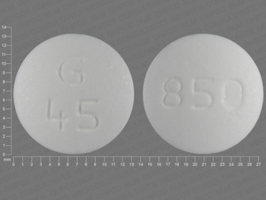 White Round pill with imprint G;45;850 — Metformin hydrochloride Metformin hydrochloride 850 mg; (view 2)