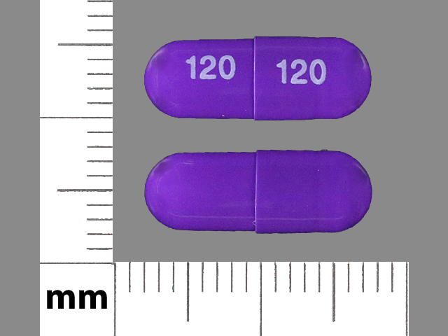 Purple Capsule pill with imprint 120 — Diltiazem hydrochloride Diltiazem hydrochloride 120 mg; (view 3)