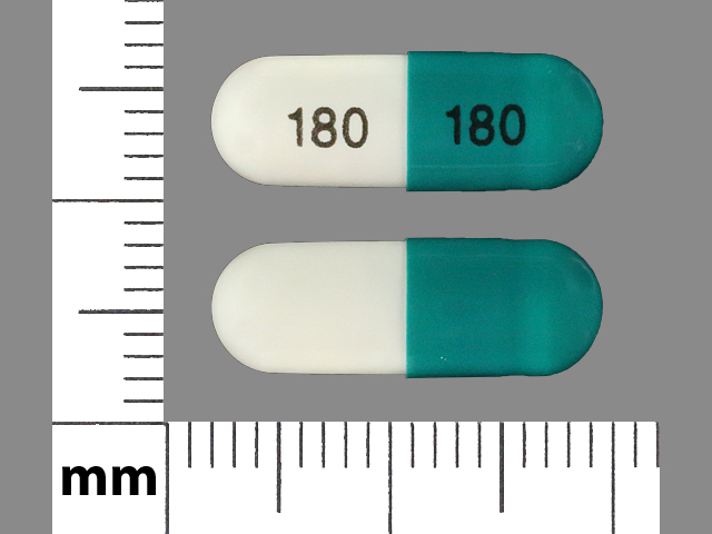 Blue;white Capsule pill with imprint 180 — Diltiazem hydrochloride Diltiazem hydrochloride 180 mg (view 3)