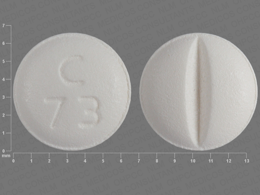 White Round pill with imprint C;73 — Metoprolol tartrate Metoprolol tartrate 25 mg; (view 5)