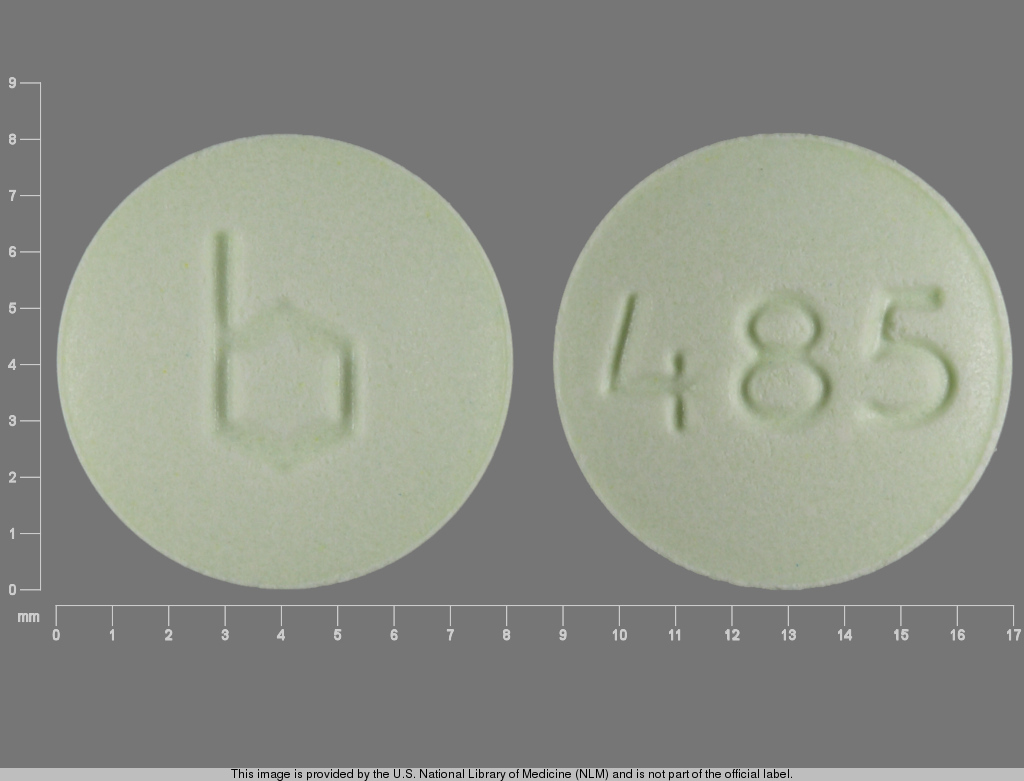 Green Round pill with imprint b;485 — Leucovorin calcium Leucovorin calcium 25 mg; (view 3)