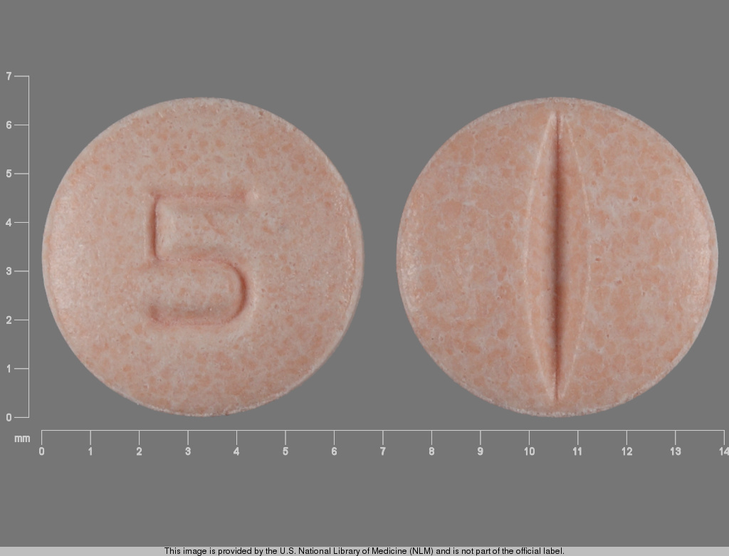 Pink Round pill with imprint 5 — Lisinopril Lisinopril 5 mg; (view 2)