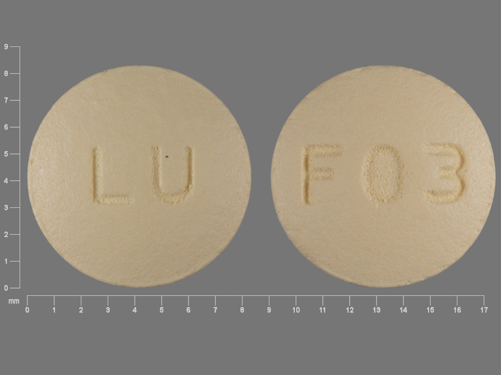 Yellow Round pill with imprint LU;F03 — Quinapril Quinapril hydrochloride 20 mg; (view 2)