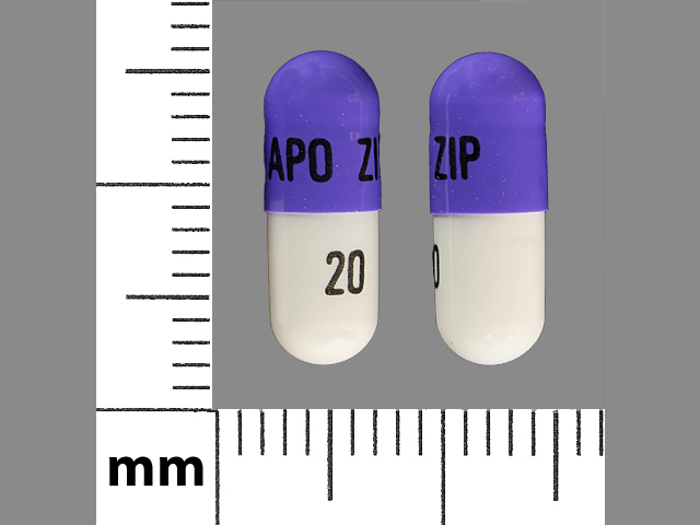 Purple;white Capsule pill with imprint APO;ZIP;20 — Ziprasidone hydrochloride Ziprasidone hydrochloride 20 mg; (view 3)