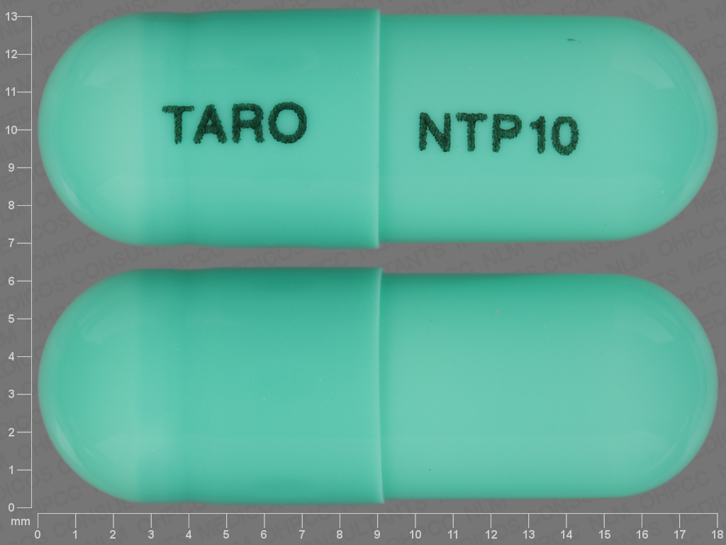 Green Capsule pill with imprint TARO;NTP10 — Nortriptyline hydrochloride Nortriptyline hydrochloride 10 mg; (view 2)