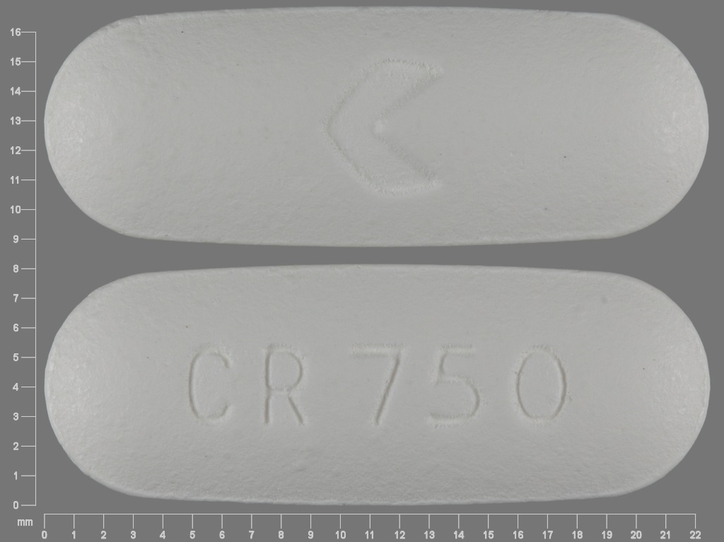 White Oval pill with imprint CR;750 — Ciprofloxacin Ciprofloxacin hydrochloride 750 mg; (view 2)