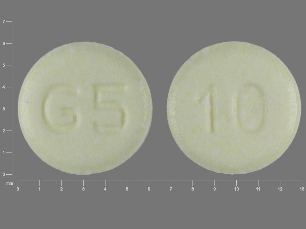 Yellow Round pill with imprint G5;10 — Pravastatin sodium Pravastatin sodium 10 mg; (view 2)