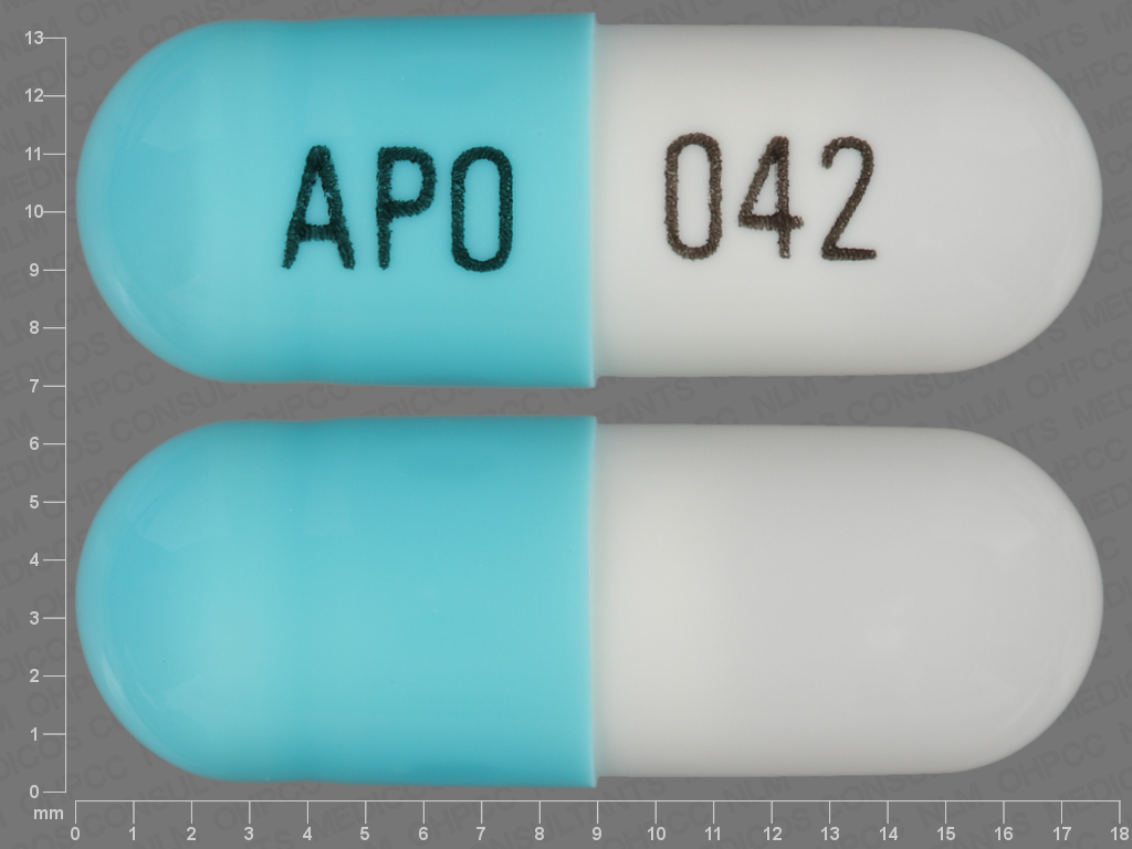 White;blue Capsule pill with imprint APO;042 — Acyclovir Acyclovir 200 mg; (view 3)