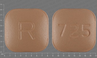 Brown Square pill with imprint R;725 — Montelukast sodium Montelukast sodium 10 mg; (view 2)