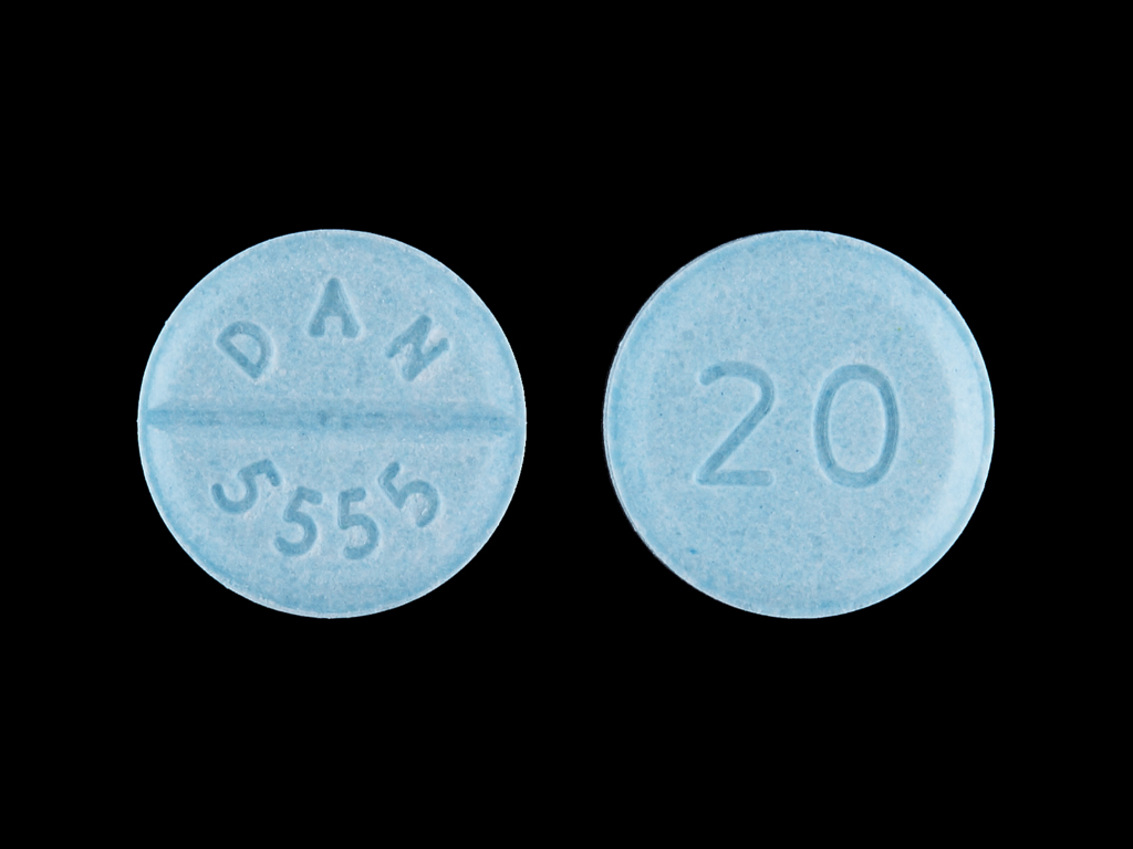Blue Round pill with imprint DAN;5555;20 — Propranolol hydrochloride Propranolol hydrochloride 20 mg; (view 2)