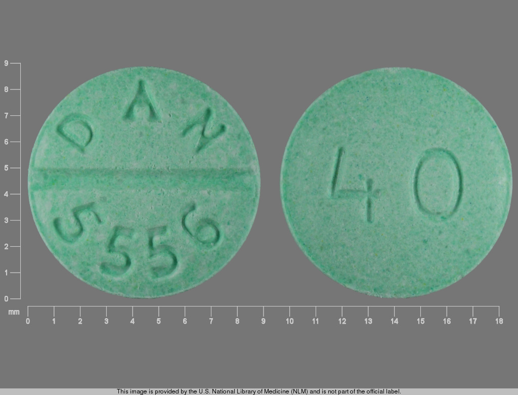 Green Round pill with imprint DAN;5556;40 — Propranolol hydrochloride Propranolol hydrochloride 40 mg; (view 2)