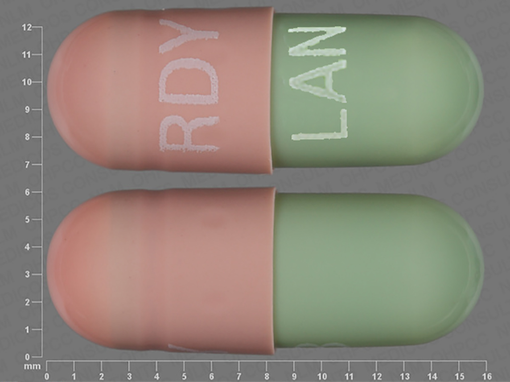 Pink;green Capsule pill with imprint RDY;LAN — Lansoprazole Lansoprazole 15 mg; (view 2)