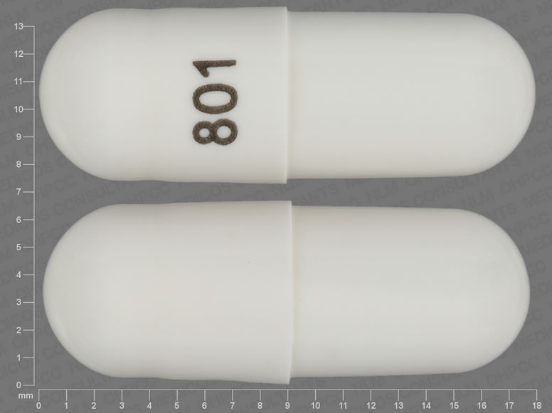 White Capsule pill with imprint 801 — Cephalexin Cephalexin 250 mg; (view 3)