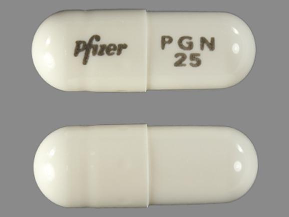White Capsule pill with imprint Pfizer;PGN;25 — Lyrica Pregabalin 25 mg; (view 2)