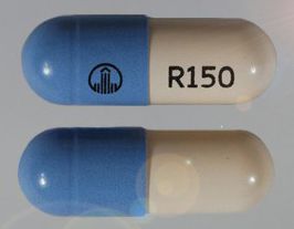 Blue;white Capsule pill with imprint R150 — Pradaxa Dabigatran etexilate mesylate 150 mg; (view 2)