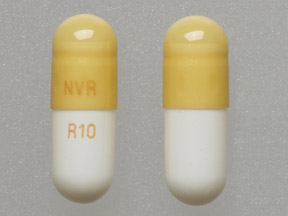 Brown;white Capsule pill with imprint NVR;R10 — Ritalin Methylphenidate hydrochloride 10 mg; (view 2)
