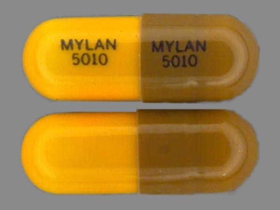 Brown;orange Capsule pill with imprint MYLAN;5010 — Thiothixene Thiothixene 10 mg; (view 3)