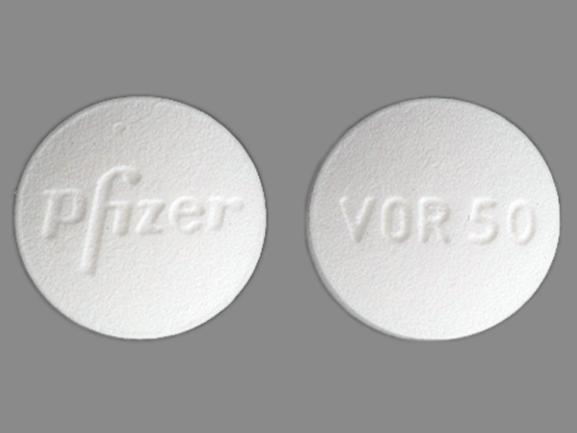 White Round pill with imprint Pfizer;VOR50 — Vfend Voriconazole 50 mg; (view 2)