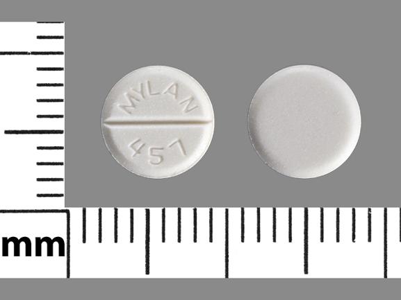 White Round pill with imprint MYLAN;457 — Lorazepam Lorazepam 1 mg; (view 6)